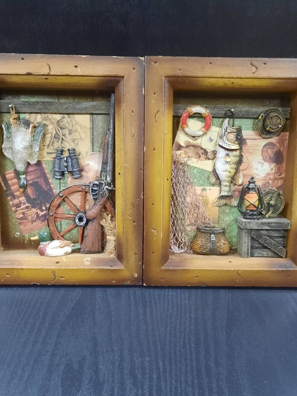 Vintage Rustic Shadow Box Wall Decor Set Hunting Fishing Cabin Lodge 3D Art
